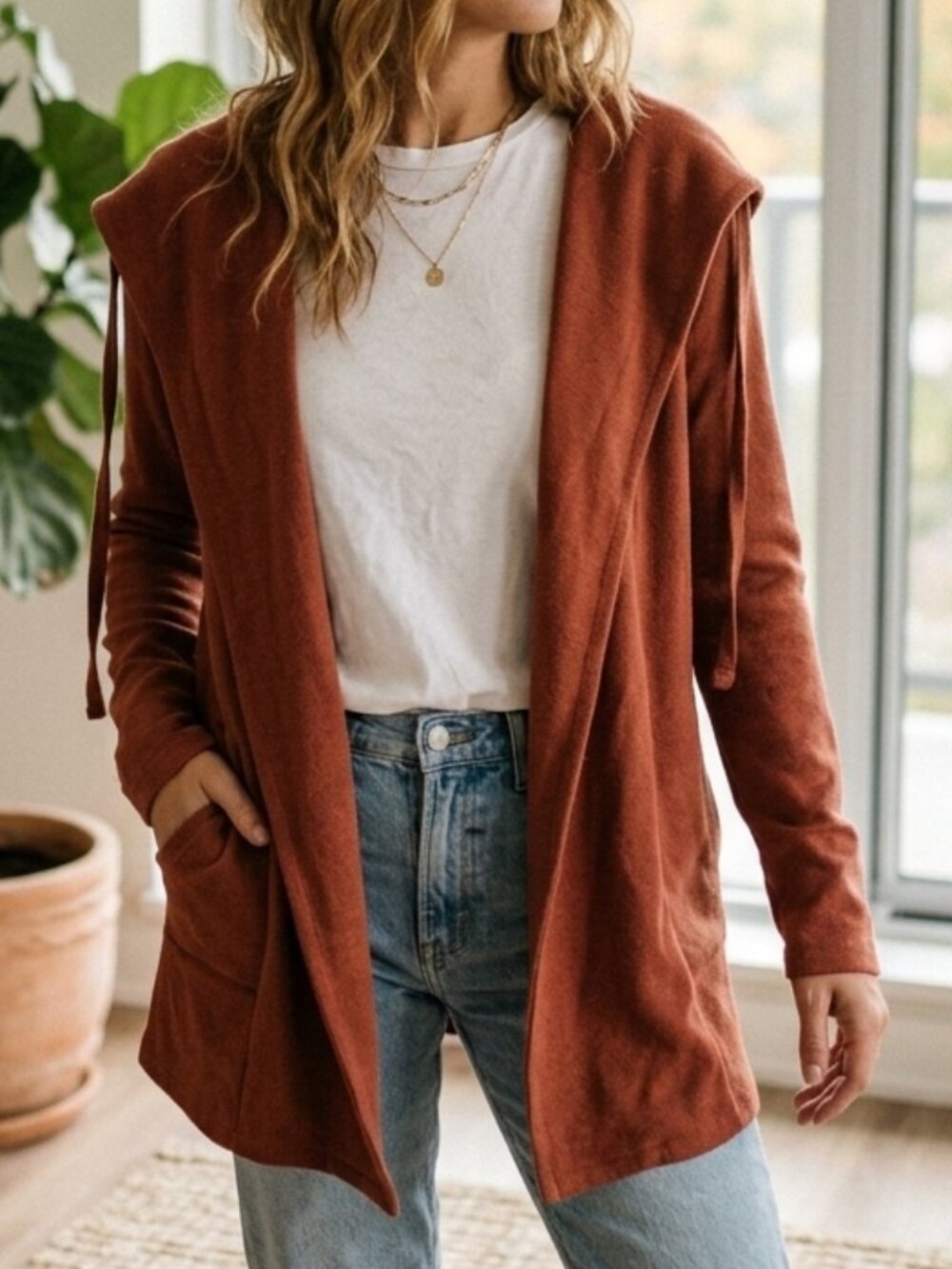 Z Supply Terracotta Oversized Open Front Hooded Cardigan Size S